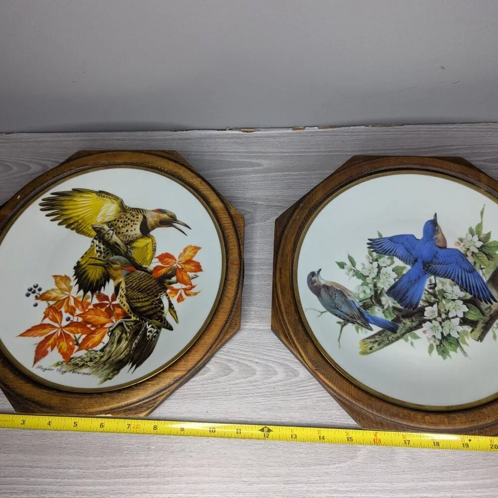 Vintage Roger Tory Peterson Flickers & Bluebird Ceramic Plates Framed 24 kt Gold